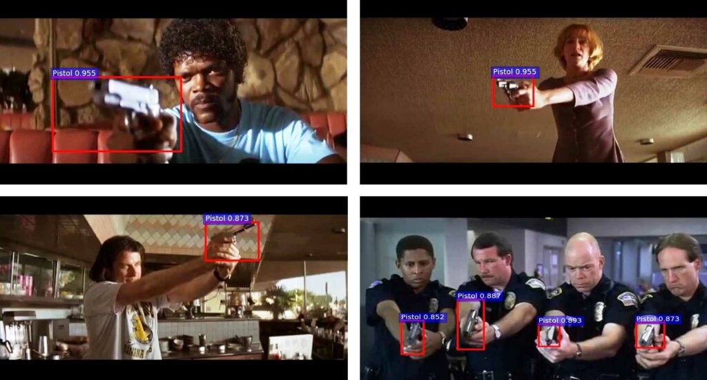 Tres escenas de la película ‘Pulp Fiction’ y otra de la película ‘Mr. Bean’ con la detección de la pistola indicada con un cuadro rojo y la probabilidad de acierto.