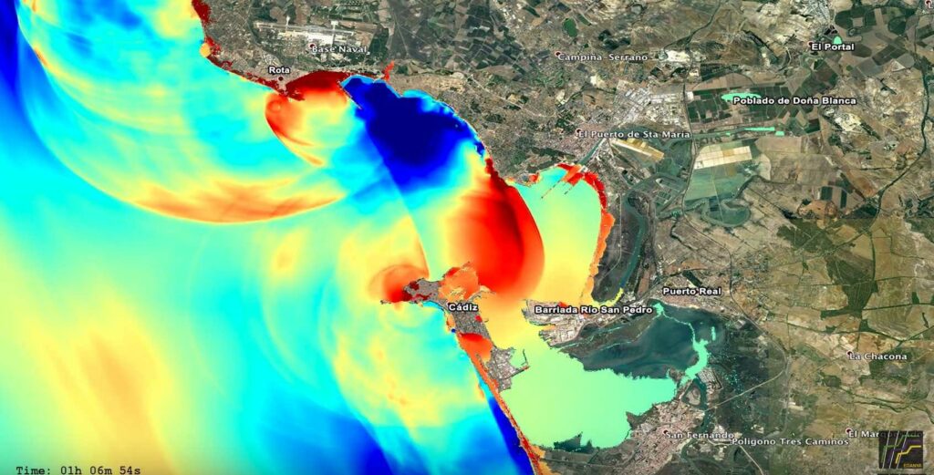 Simulación en las costas españolas de hoy en día de un tsunami cuya fuente sísmica reproduce la del evento de 1755 en cuanto a magnitud y localización. 