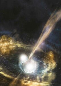 Ilustración de dos estrellas de neutrones en el momento de fusión.