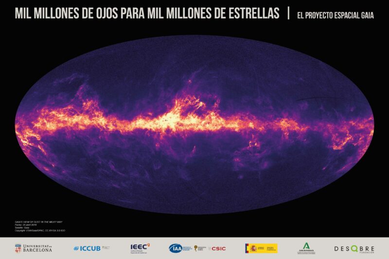 Imagen del panel de la exposición virtual sobre la misión espacial Gaia en el que se muestra la distribución del polvo en la Vía Láctea