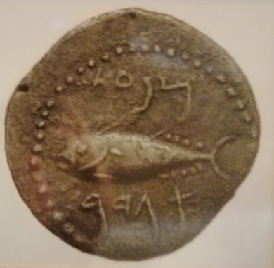 Monedas fenicias con atunes rojos, con cola en forma de media luna, en el reverso.