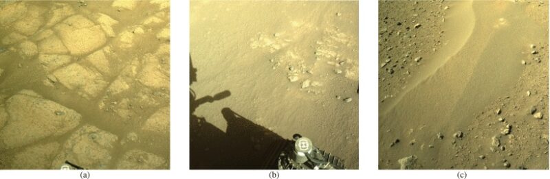Ejemplos de imágenes del conjunto de datos Navcam de Perseverance tomadas en los soles (días marcianos) 193, 237 y 118, respectivamente. (a) Lecho de roca. (b) Suelo intermedio. (c) Suelo arenoso.